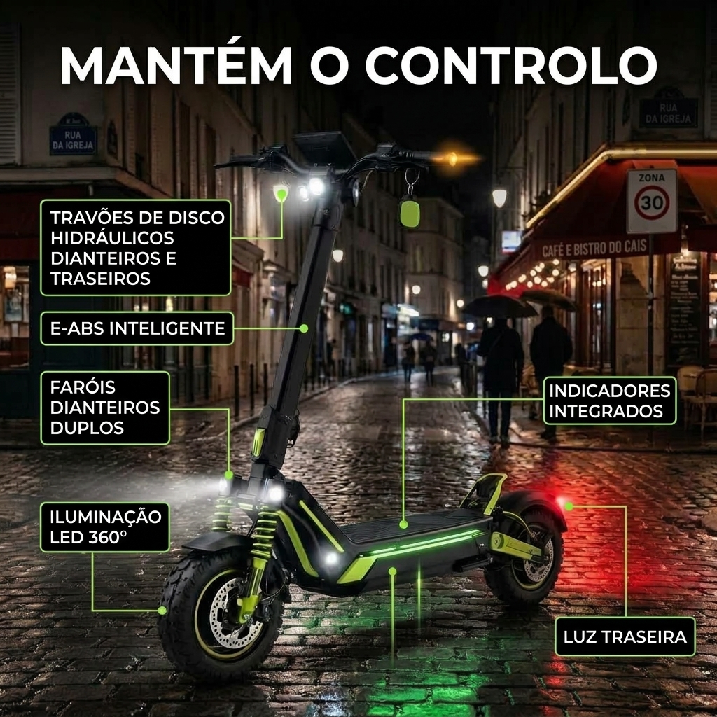 Mantém o controlo: travões hidráulicos, e-ABS e luzes LED