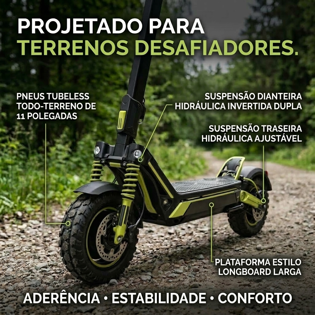 Projetado para terrenos desafiadores: suspensão e pneus de 11"